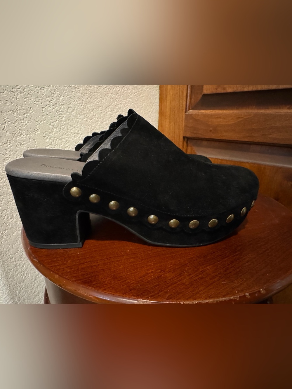Chocolat Blu Gemini Black Suede Studded Platform Clogs 9.5